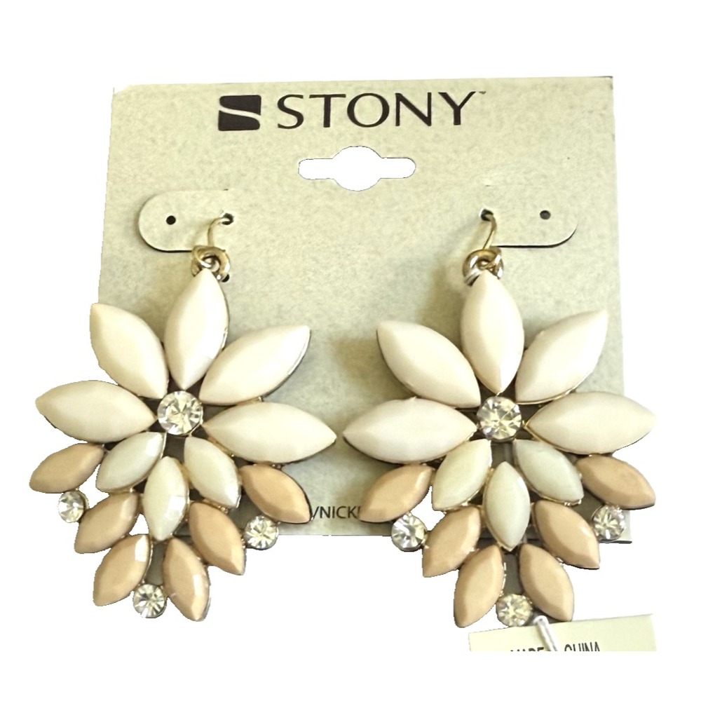 Stony Jewelry Cream Multi Flower Petals Dangle Drop Earrings Gold Tone Hook NEW